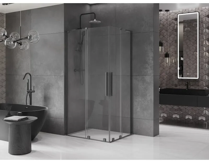 Mexen Velar L Duo, sprchový kút s posuvnými dverami 90 x 80 cm, 8mm číre sklo, brúsený grafit, 871-090-080-02-03-95
