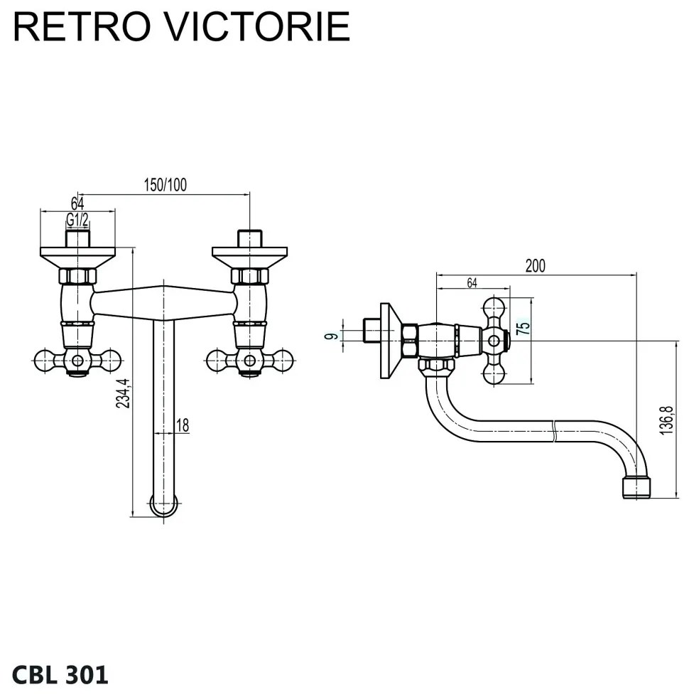 Mereo Mereo, Drezová nástenná batéria, Retro Viktorie, s ramienkom rúrkovým pr. 18 mm - 200 mm, MER-CBL301