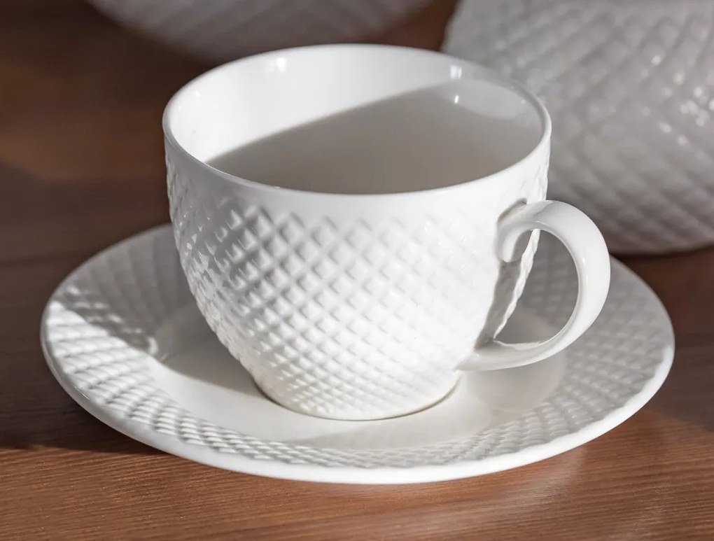 Šálka s podšálkou Diamond Line 220 ml, biely s reliéfem