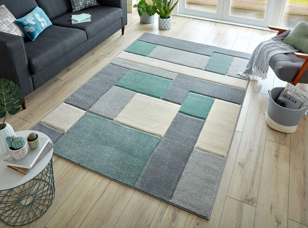 Flair Rugs, Kusový koberec Hand Carved Cosmos Mint / Grey / Cream, 80x150, zelená, kancelária
