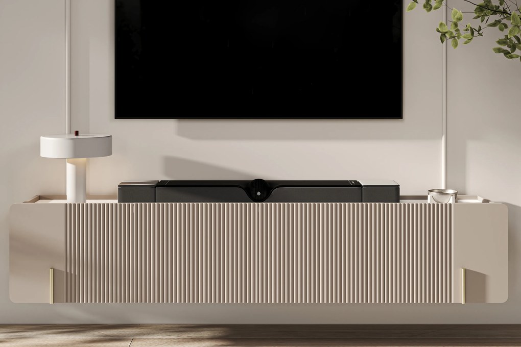 Závesný TV stolík Malmi 200 cm - kašmírová / crema bianca / zlatá