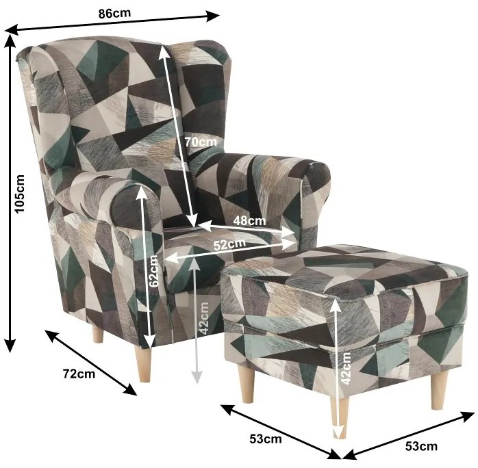 Kondela Kreslo, ušiak s taburetom, hnedozelená vzor látka, ASTRID