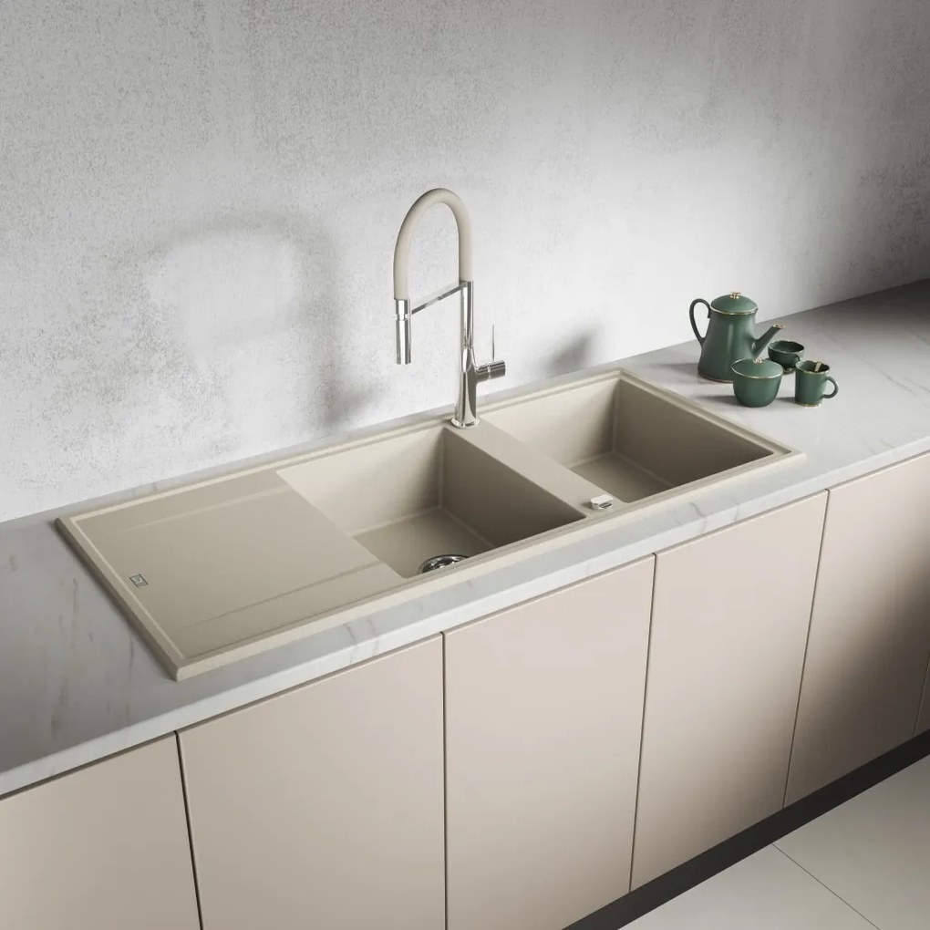 Laveo Megalo, 2-komorový granitový drez 1160x500x185 mm s dlhým odkvapávačom, béžová, LAV-SBE_421T
