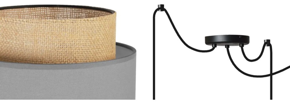Závesné svietidlo Boho Spider, 3x jutové/sivé textilné tienidlo