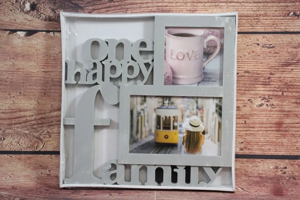 Fotorám na 2 fotky "ONE HAPPY FAMILY" - sivý (25,5x25,5 cm)