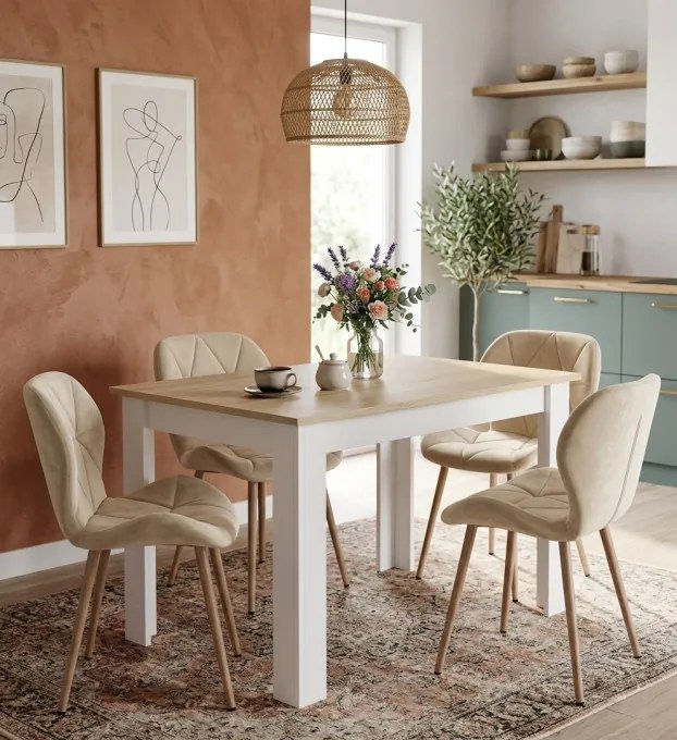 Set troch jedálenských stoličiek MANGO zamatové svetlobéžové / hnedé nohy (3 ks)