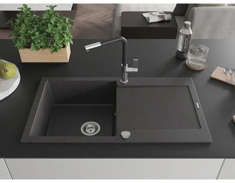 Mexen Leo, 1-komorový granitový drez 900x500x190 mm a drezová batéria Flora, čierna škvrnitá, 6501-76-670401-07