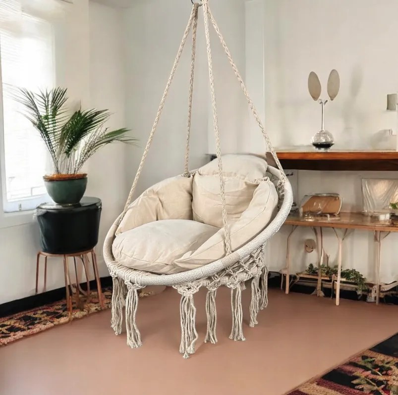 Závesné kreslo s vankúšom - bocianie hniezdo 80 cm béžová