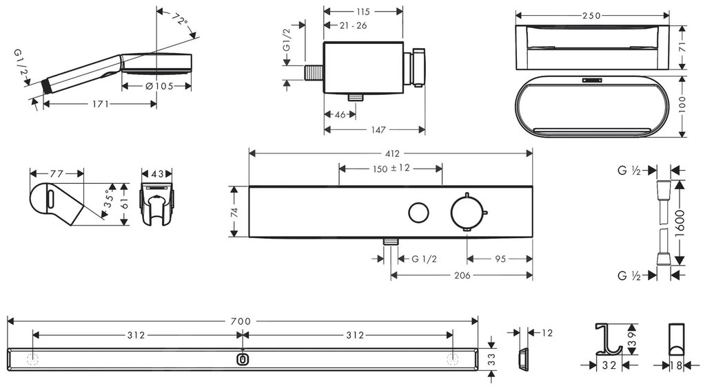 Hansgrohe WallStoris, Set sprchovej hlavice 105, 3 prúdy, termostatu a kúpeľňových doplnkov, matná biela, HAN-24250700