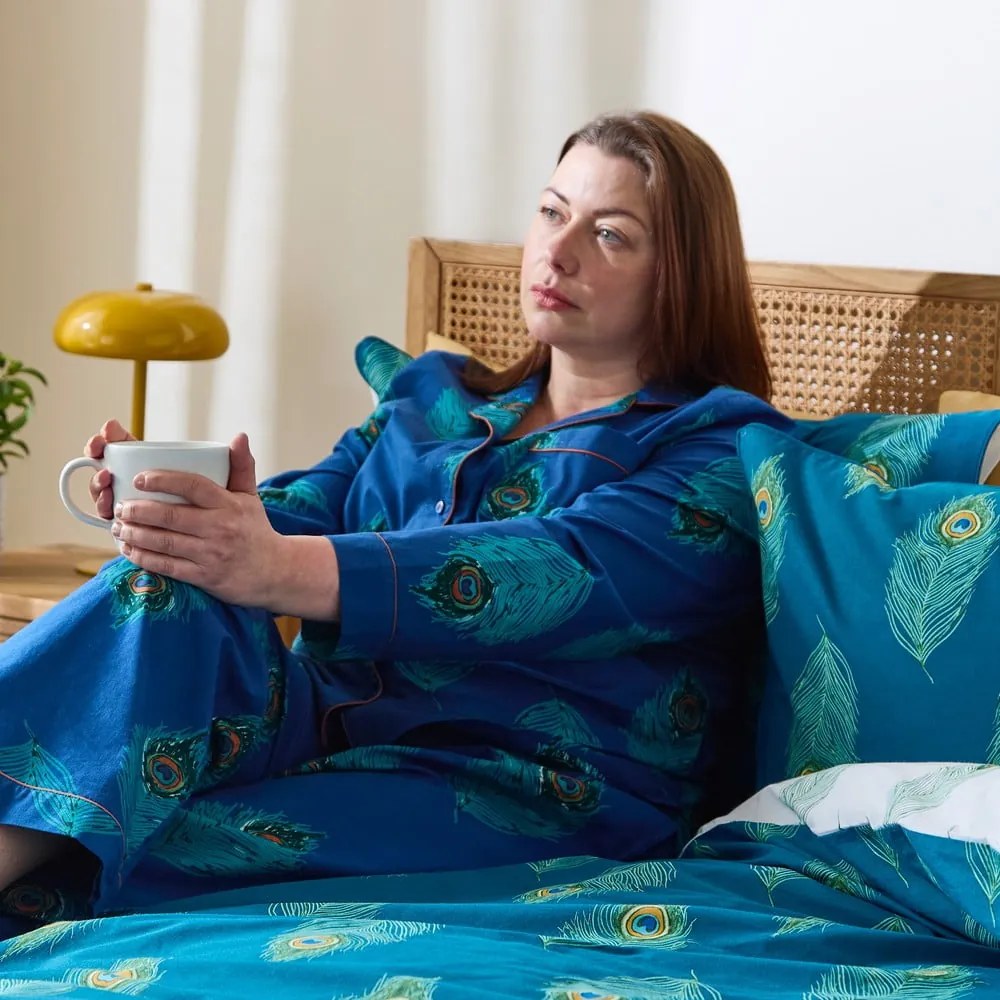 Biele/zelenomodré bavlnené obliečky na dvojlôžko/predĺžené 230x220 cm Peacock Feather – Their Nibs