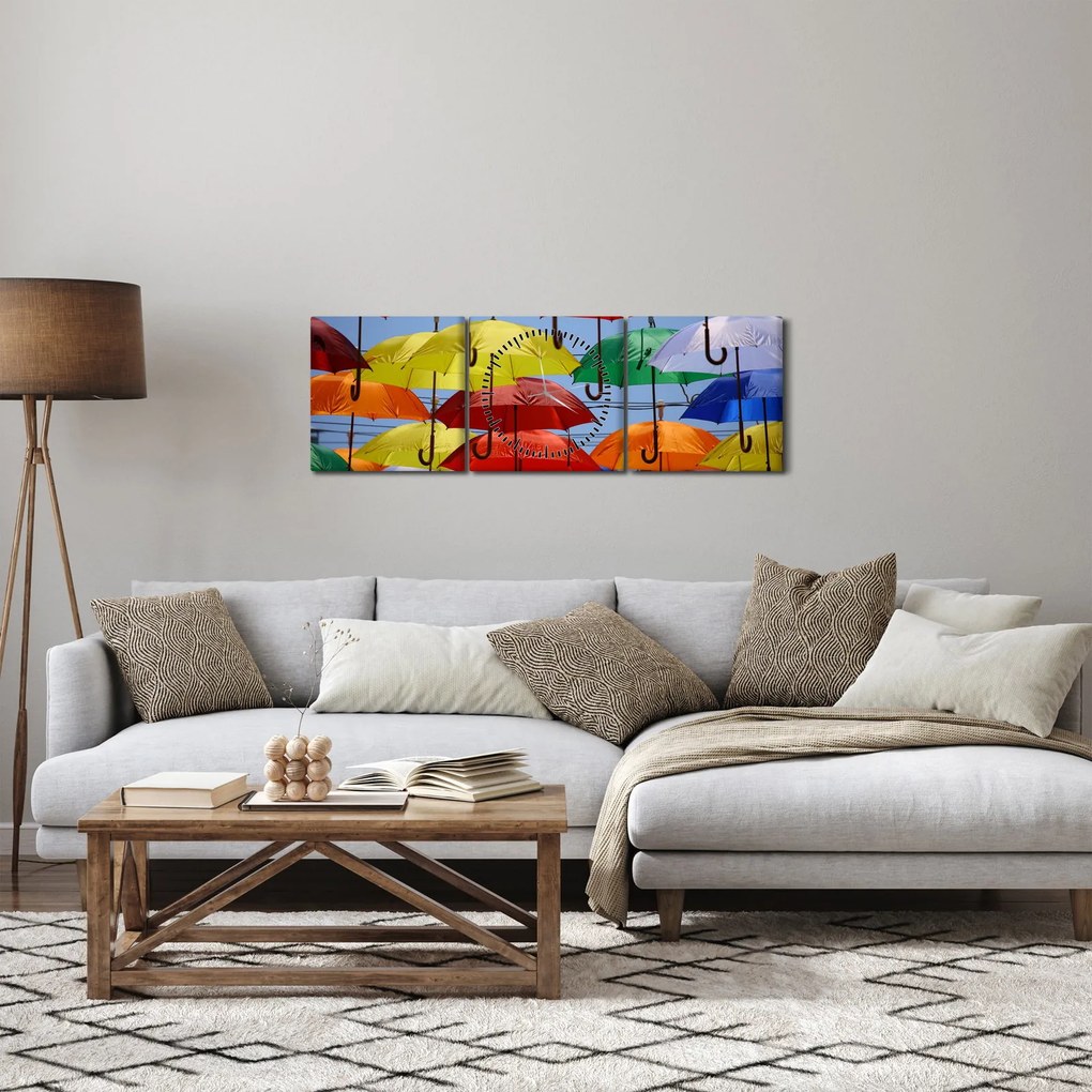 Obraz farebných dáždnikov (s hodinami) (90x30 cm)