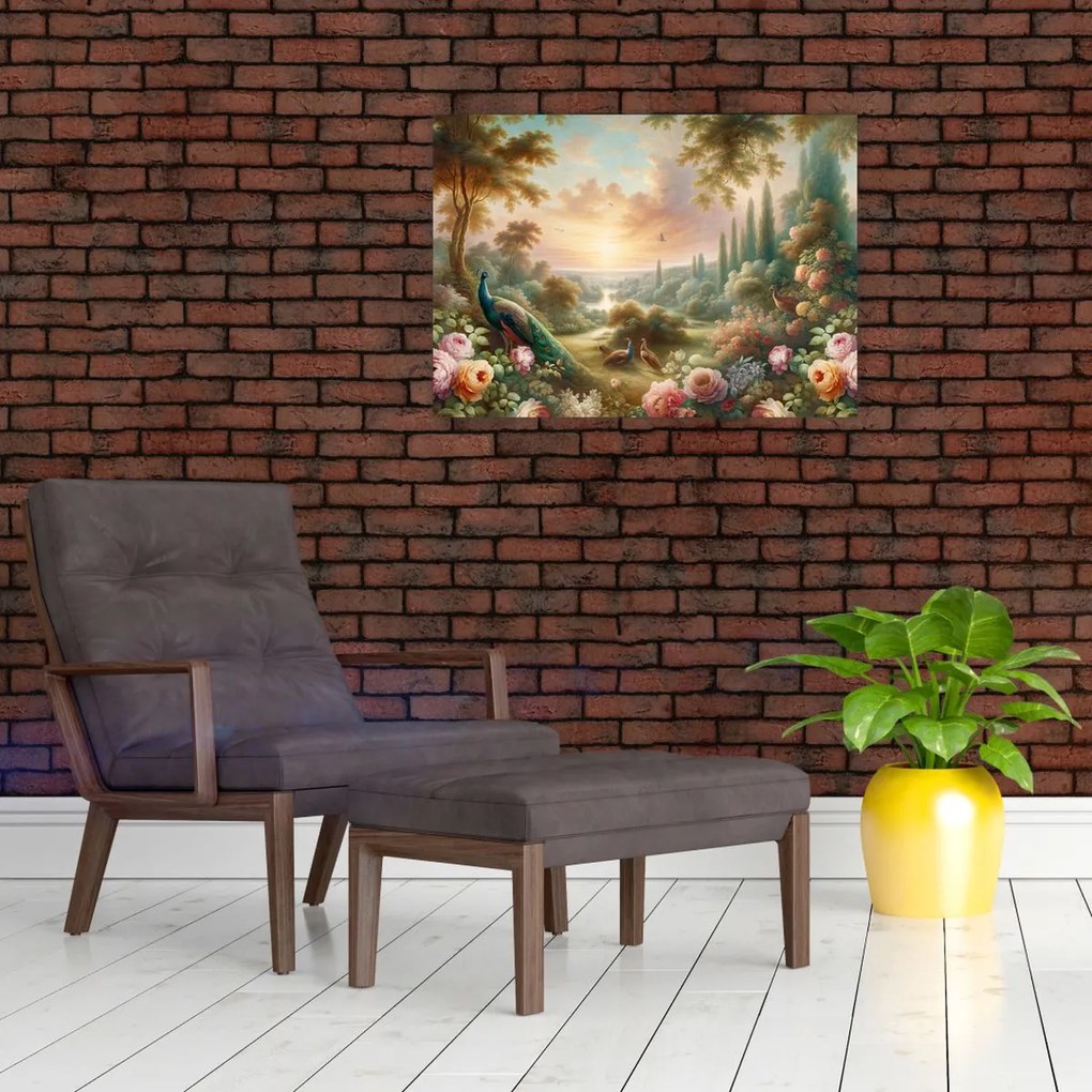 Sklenený obraz - Pávy v záhrade (70x50 cm)