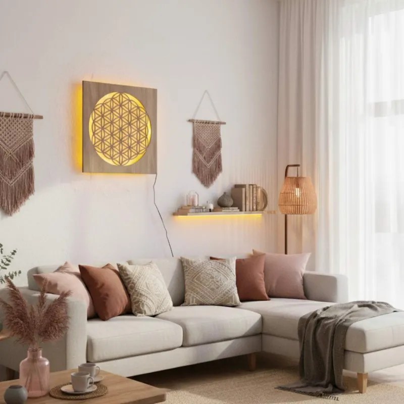 Drevená mandala Kvet života s LED podsvietením obraz na stenu  | SENTOP LED0198