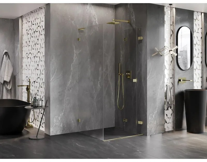 Mexen Lunar-F L, 1-krídlový sprchový kút so skladacími dverami, pravý, 80 x 80 cm, 8mm číre sklo, zlatý matný profil, 836L-080-080-55-00-P