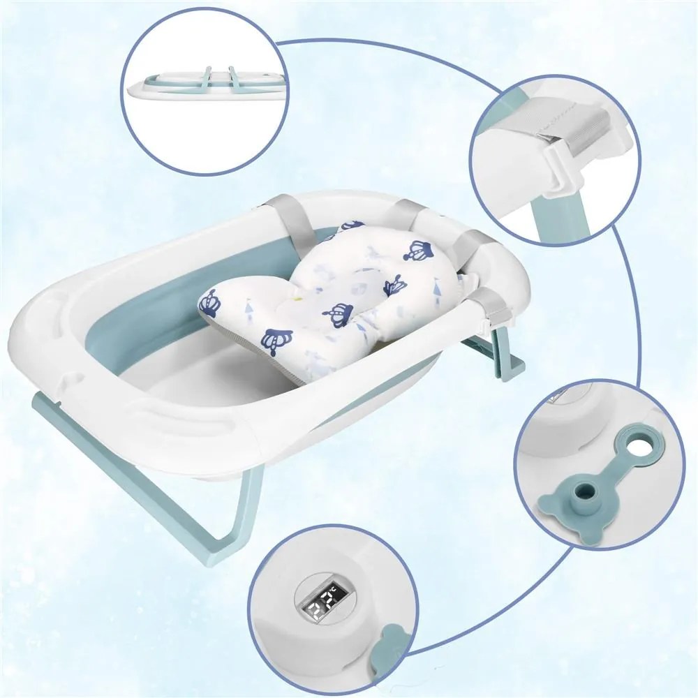 SPRINGOS Skladacia detská vanička 35 L pre bábätká, s teplomerom a vankúšikom, biela a modrá SB0063