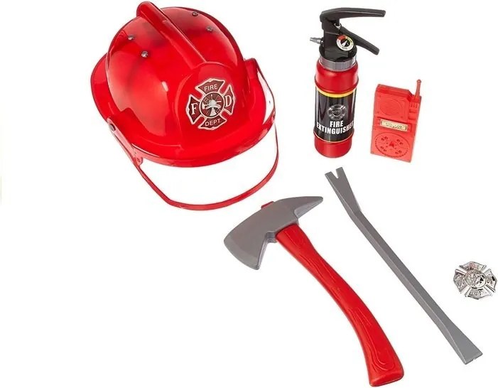 LEAN Toys Skutočný hasičský kostým pre dieťa Prilba Hasiaci prístroj Príslušenstvo Červená