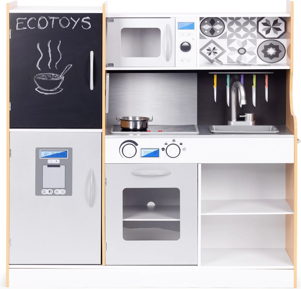 Detská drevená kuchynka ECOTOYS s LED, zvukom a tabuľou