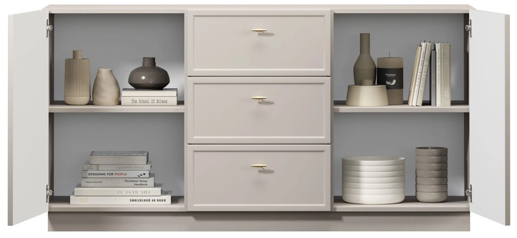 Komoda Lorini 150 cm so zásuvkami - kašmír / zlaté úchytky T-bar