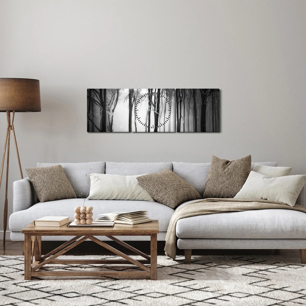 Obraz - Vlk v temnom lese (s hodinami) (90x30 cm)