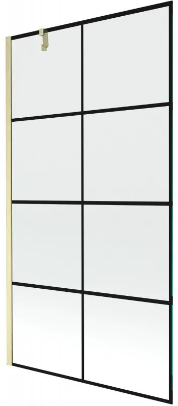 Mexen Next, 1-krídlová vaňová zástena 100 x 150 cm, 6mm číre sklo - čierny vzor, zlatá matná, 895-100-000-00-77-55