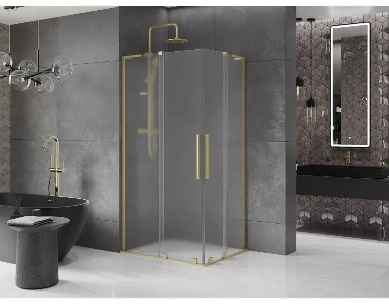 Mexen Velar L Duo, sprchový kút s posuvnými dverami 90 x 80 cm, 8mm sklo námraza, zlatá matná, 871-090-080-02-33-55