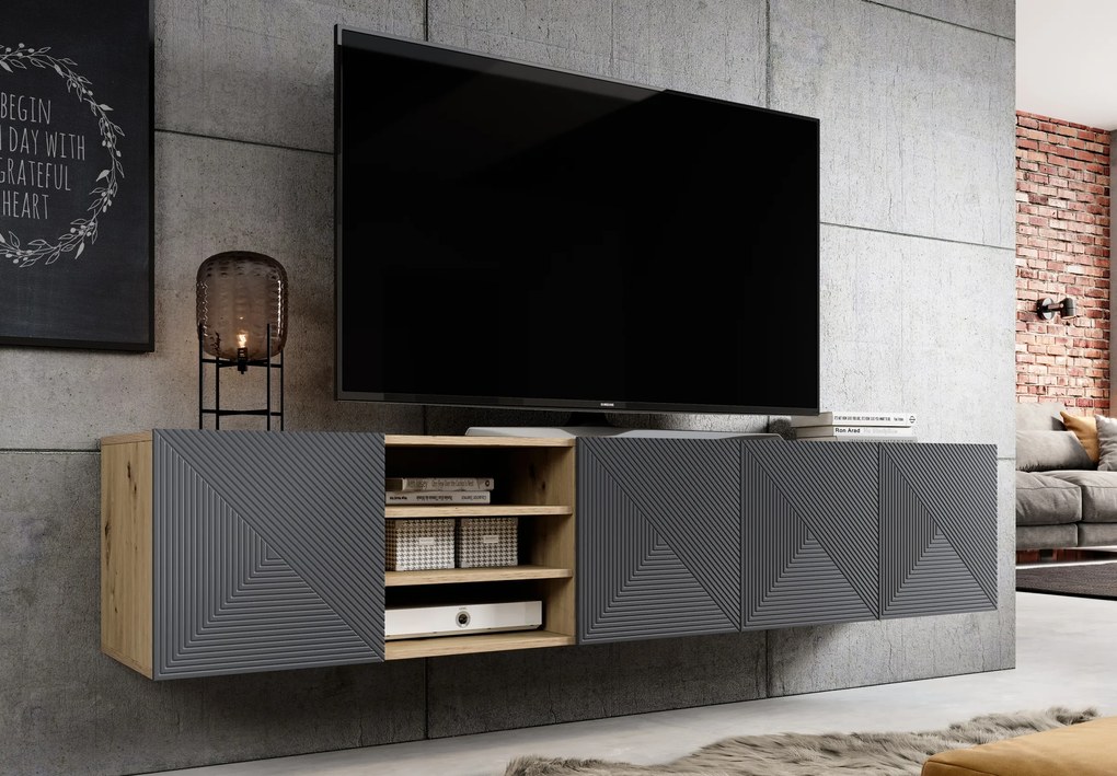 Závesná TV skrinka Asha 200 cm s ryhovaným čelom a výklenkom - dub artisan / rivier stone mat