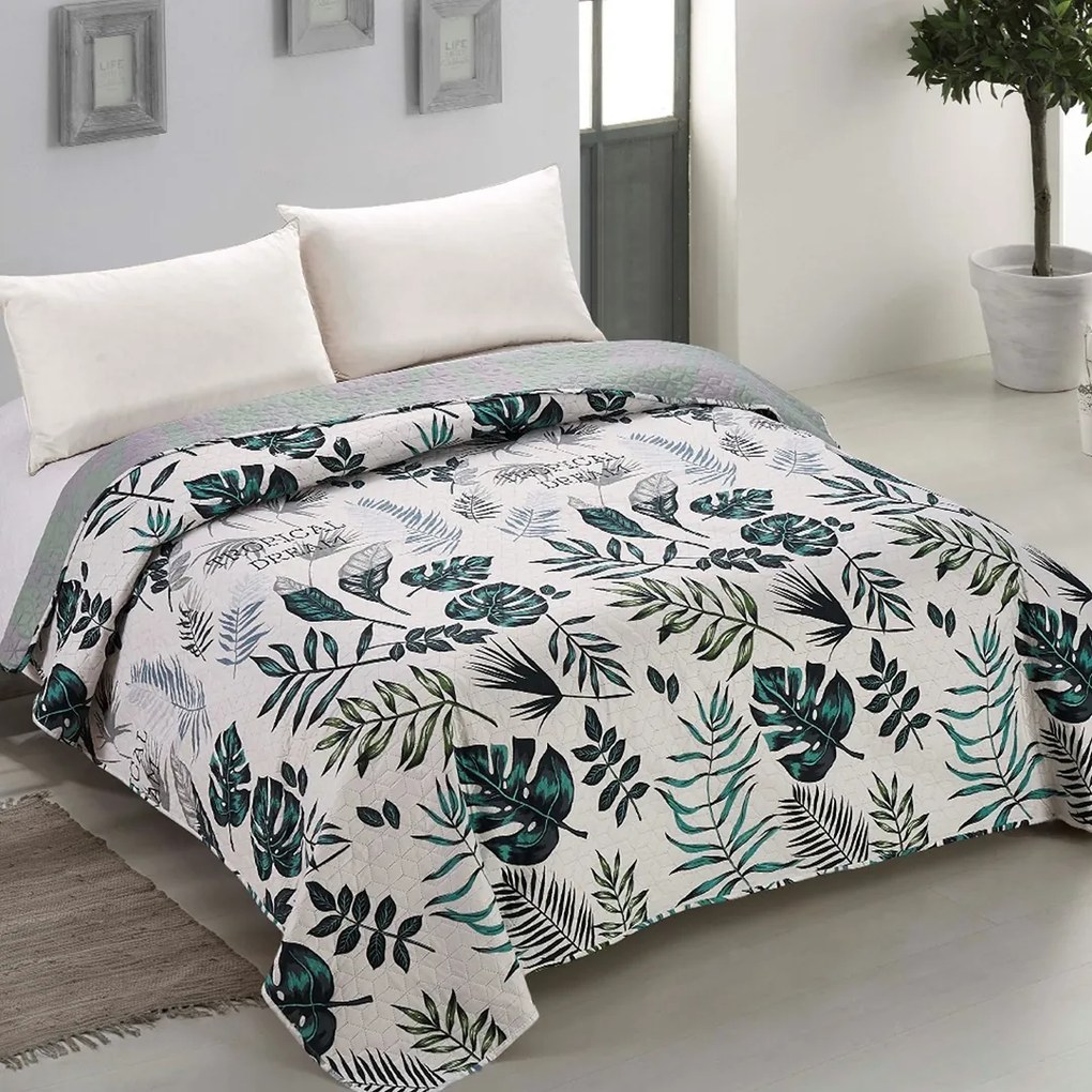 Obojstranný prehoz na posteľ AmeliaHome Flowee bielo-zelený, velikost 170x270