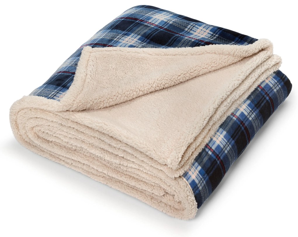 Plyšová károvaná obojstranná deka, modrá