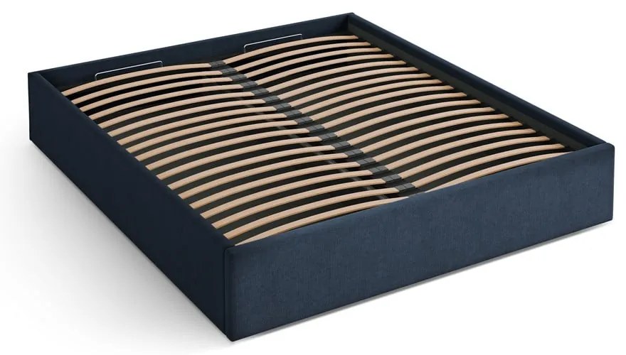 Tmavomodrá čalúnená dvojlôžková posteľ s úložným priestorom/bez čela s roštom 180x200 cm Susan – Micadoni