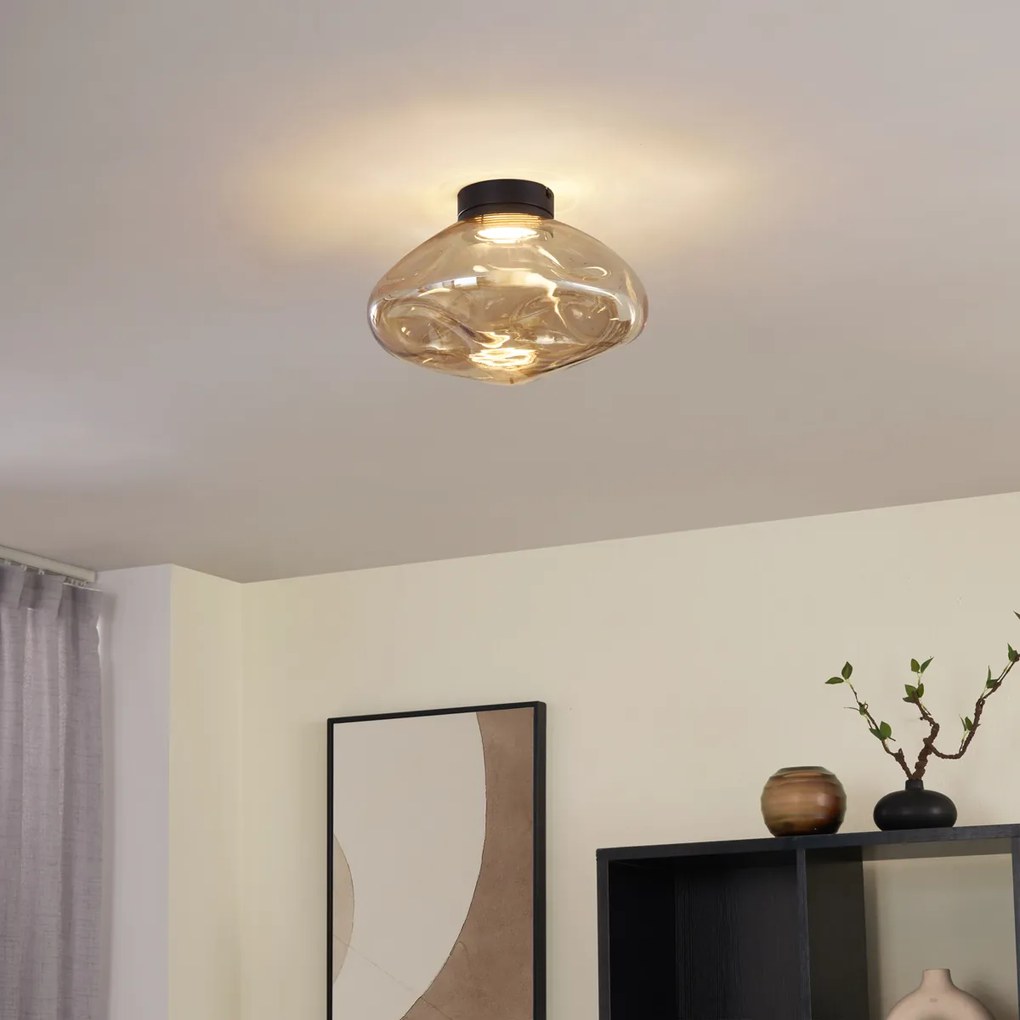 Dizajnové stropné svietidlo čierne s jantárovým sklom - Gemma