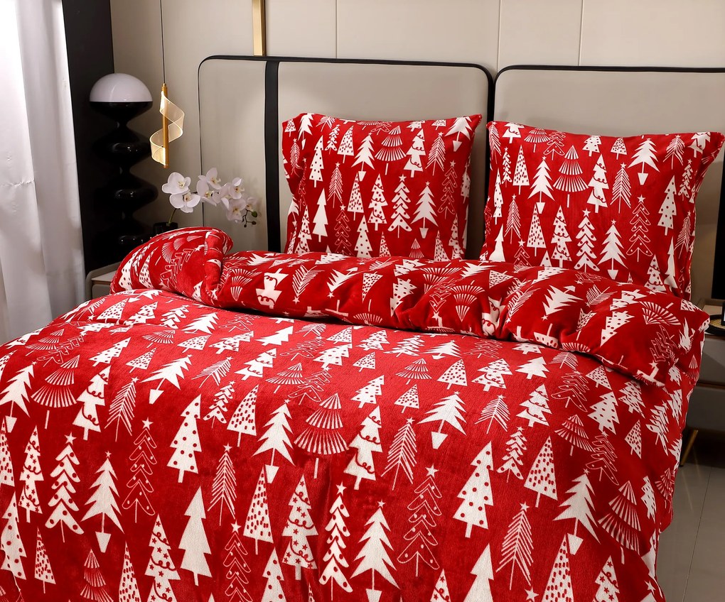 Mikroplyšové obliečky CHRISTMAS TREES červené Rozmer obliečky: 70 x 90 cm | 140 x 220 cm