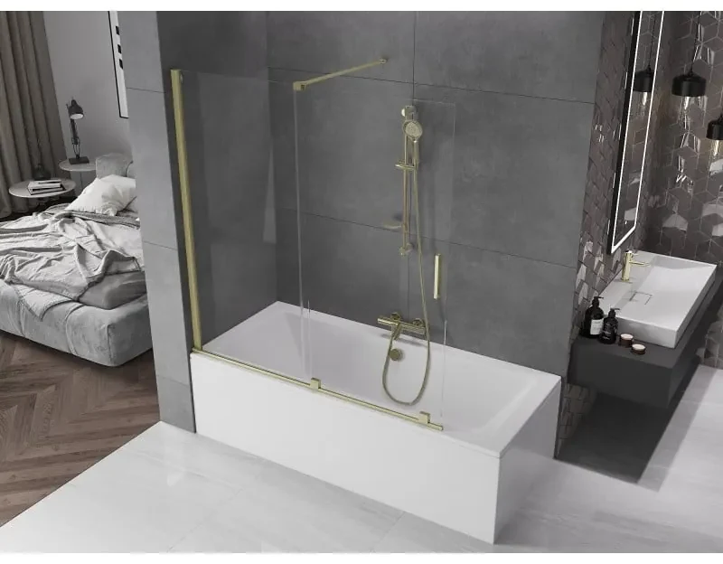 Mexen Velar, 2-krídlová posuvná vaňová zástena 150 x 150 cm, 8mm číre sklo, zlatý matný profil, 896-150-000-01-55