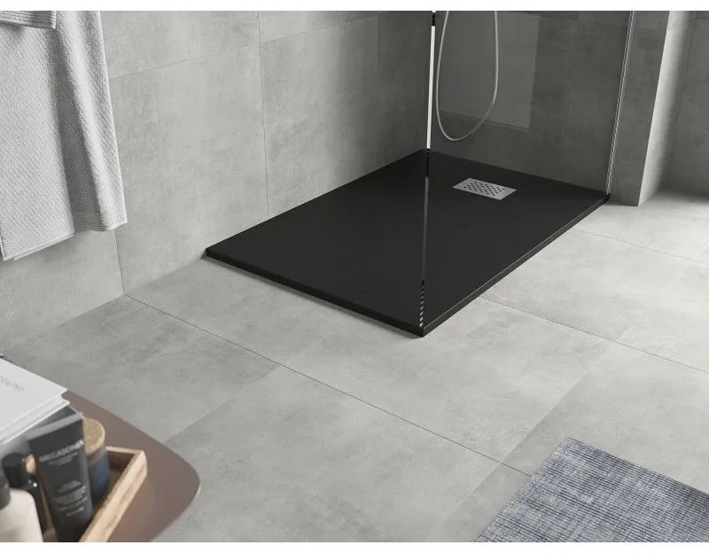 Mexen Hugo, obdĺžniková sprchová vanička SMC 110 x 80 cm, čierna, oceľová krytka, 42708011-X