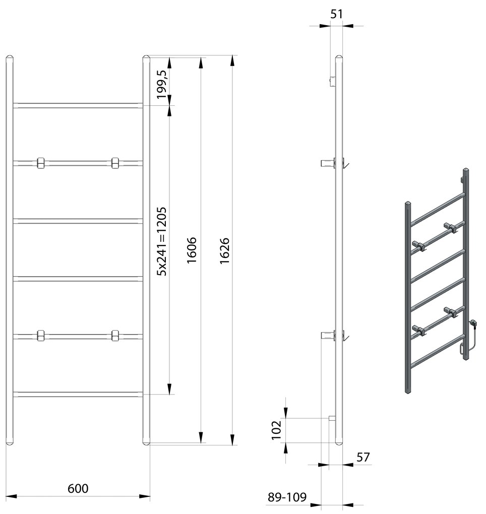Sapho Sapho, BARBO elektrický sušiak uterákov, hranatý, 600x1600mm, 160 W, čierna mat, BB906