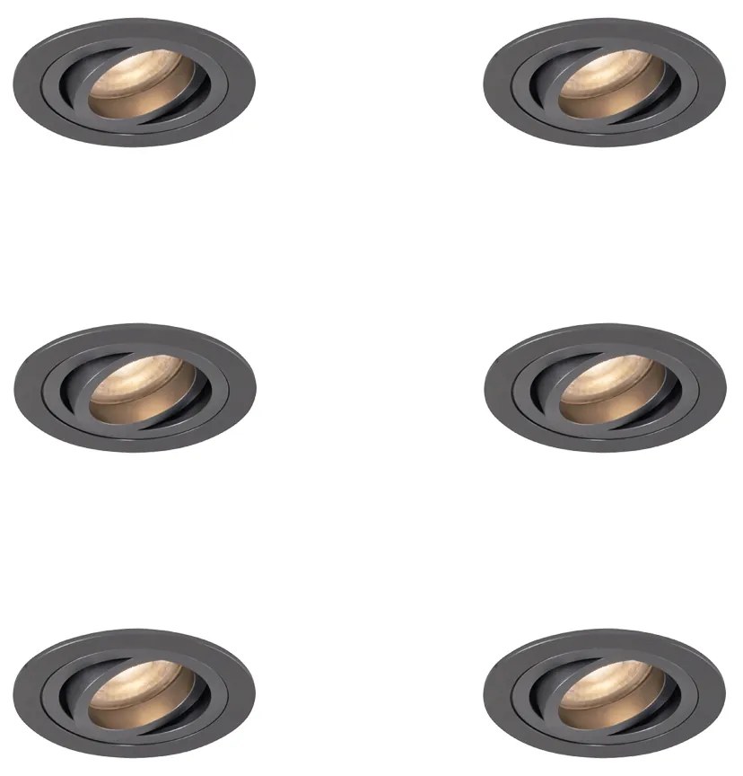 Sada 6 moderných zapustených bodových svetiel Gunmetal GU10 50 mm okrúhle, naklápacie - Rondoo