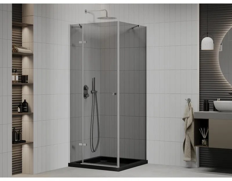 Mexen Roma, sprchový kút s krídlovými dverami 90 (dvere) x 90 (stena) cm, 6mm šedé sklo, chrómový profil + slim sprchová vanička čierna + chrómový sifón, 854-090-090-01-40-4070