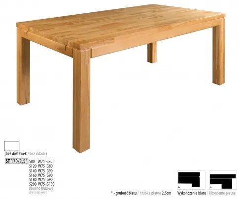 Jedálenský stôl - masív ST170 - hrúbka 2,5cm / buk Prevedenie: F 200 x 75 x 100 cm