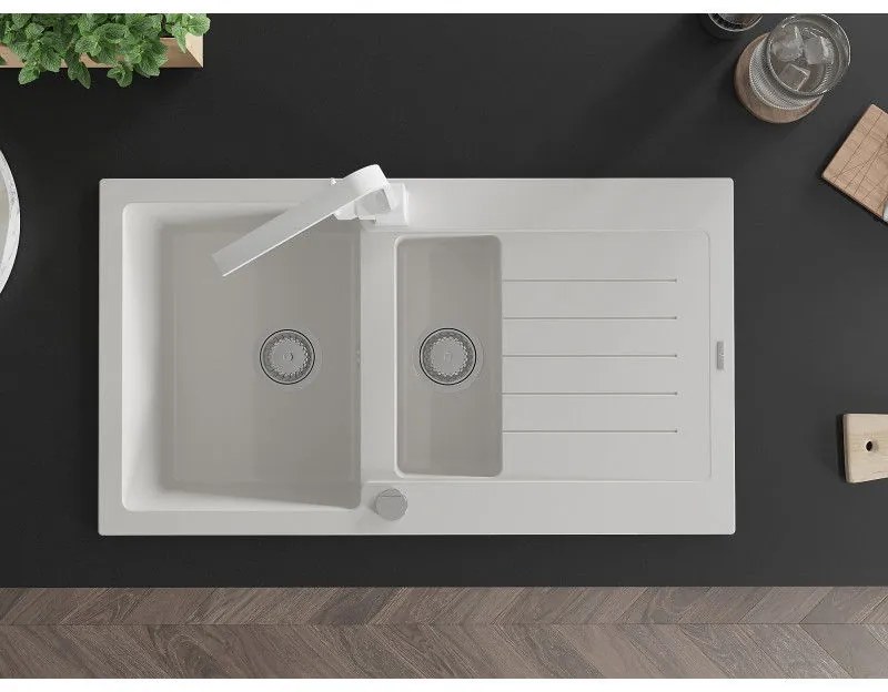Mexen Matias, granitový drez 900x505x200 mm, 1,5-komorový a biela batéria Rita, biela, 6502-20-670300-20