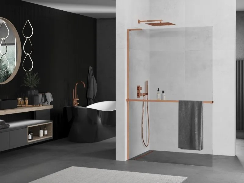 Mexen Kioto+ L, sprchová zástena Walk-In s poličkou a vešiakom 110 x 200 cm, 8mm číre sklo, ružové zlato profil, 800-110-123-60-00