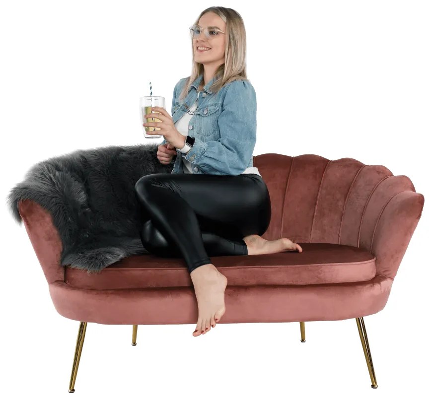 Lavica v štýle Art-deco, ružová Velvet látka/gold chróm-zlatý, NOBLIN
