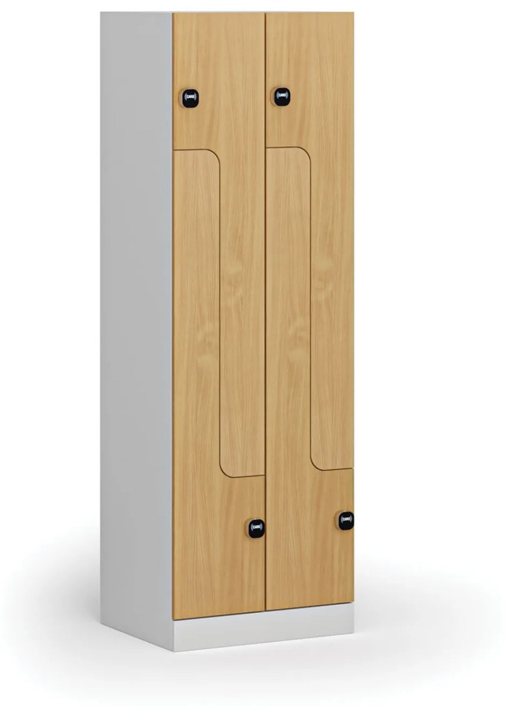 Kovová šatníková skrinka Z, 4 oddiely, 1850 x 600 x 500 mm, zámok s čítačkou RFID kariet, laminované dvere, buk