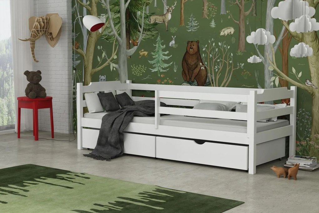 Detská posteľ z masívu borovice MIKULÁŠ so šuplíkmi - 200x90 cm - BIELA