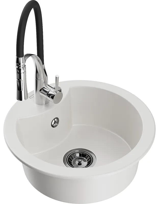Mexen Diego, 1-komorový granitový drez 488x488x167 mm a drezová batéria Aster, biela, 6512-20-73450-07-B