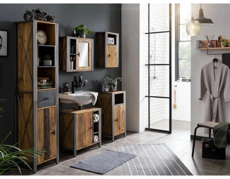 furniture-nabytek.cz - Masívna kúpeľňová vysoká skrinka Detroit z recyklovanej borovice a kovu, lakovaná, hnedá – 40×35×180 cm