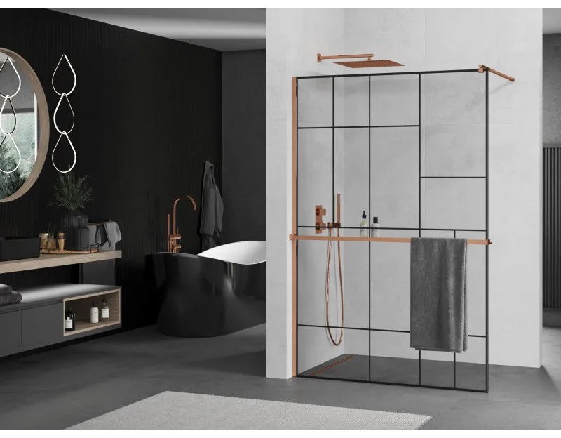 Mexen Kioto+, sprchová zástena s poličkou a držiakom na uteráky 120 x 200 cm, 8mm číre sklo vzor čierny, profil ružové zlato, 800-120-121-60-78