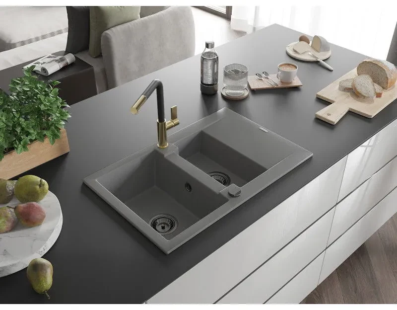 Mexen Gaspar, 1,5-komorový granitový drez 737x475x177 mm a drezová batéria Flora, šedá, 6507-71-670401-57-B