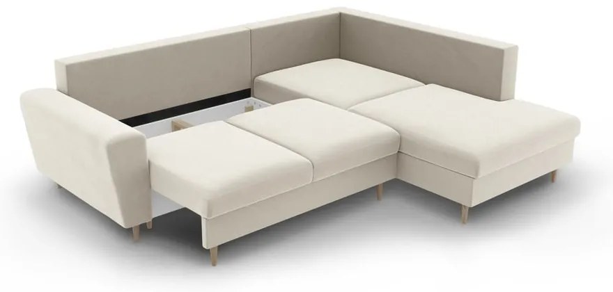 Béžová zamatová rozkladacia/s úložným priestorom rohová pohovka (pravý roh/do L) Kyoto – Cosmopolitan Design