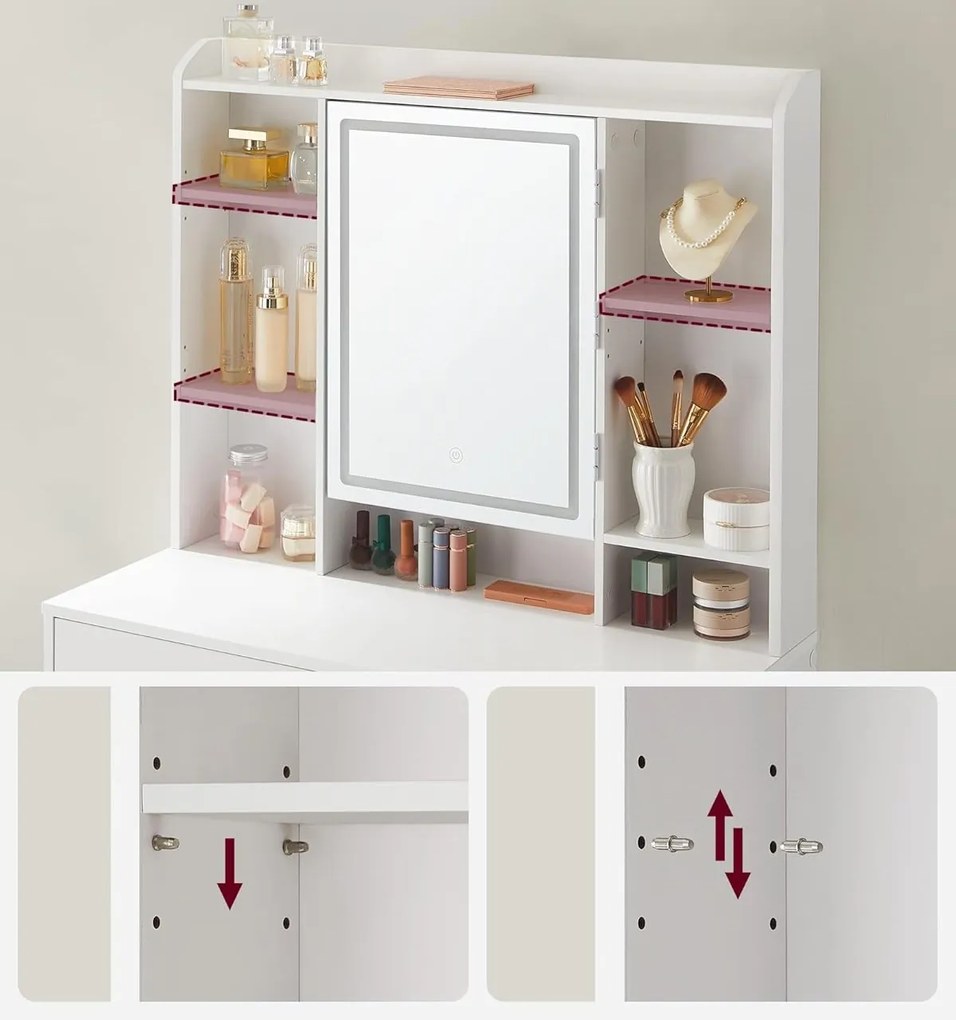 Toaletný stolík Vasagle Berny 90 cm so zrkadlom a LED osvetlením biely