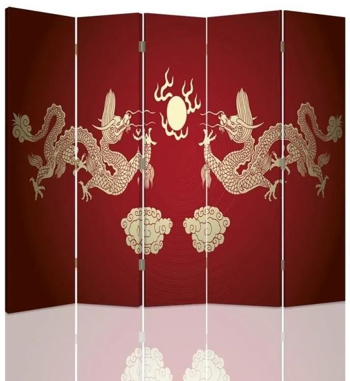 Ozdobný paraván Červený japonský drak - 180x170 cm, päťdielny, klasický paraván