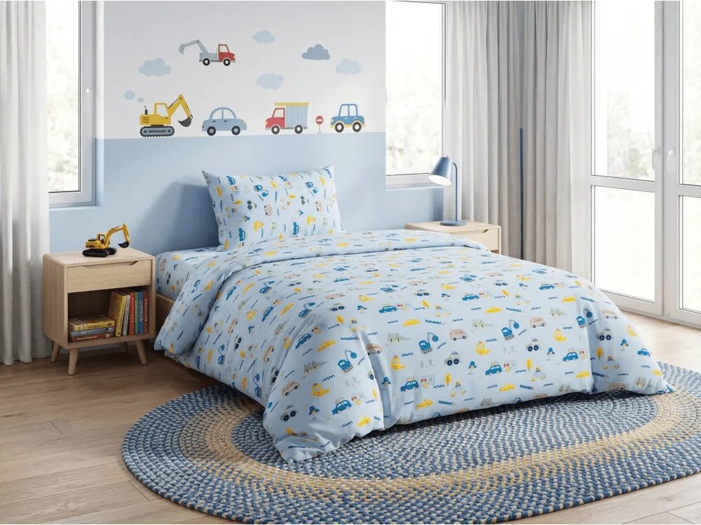 Detské bavlnené obliečky MINI TRUCKS modré, 100% bavlna Rozmer obliečky: 70 x 90 cm | 140 x 200 cm